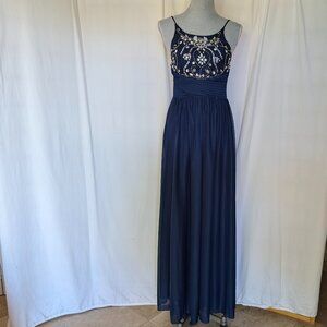 Sequence Hearts Long Bedazzled Navy Blue Dress sleeveless, sequences  front S 3